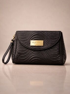 Versace Parfums Black Quilted Designer Wristlet Clutch Bag With Gold Logo